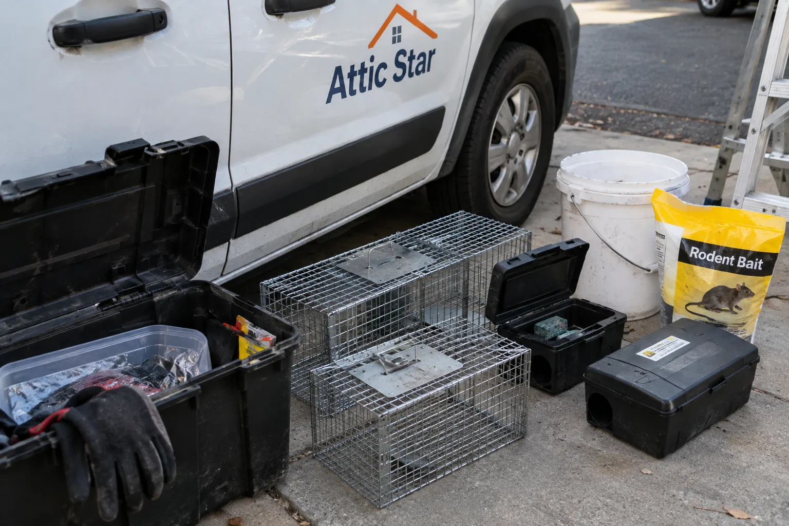 Rodent control equipment staged beside a service van, including humane traps, bait stations, and rodent bait, ready for an inspection and treatment visit.