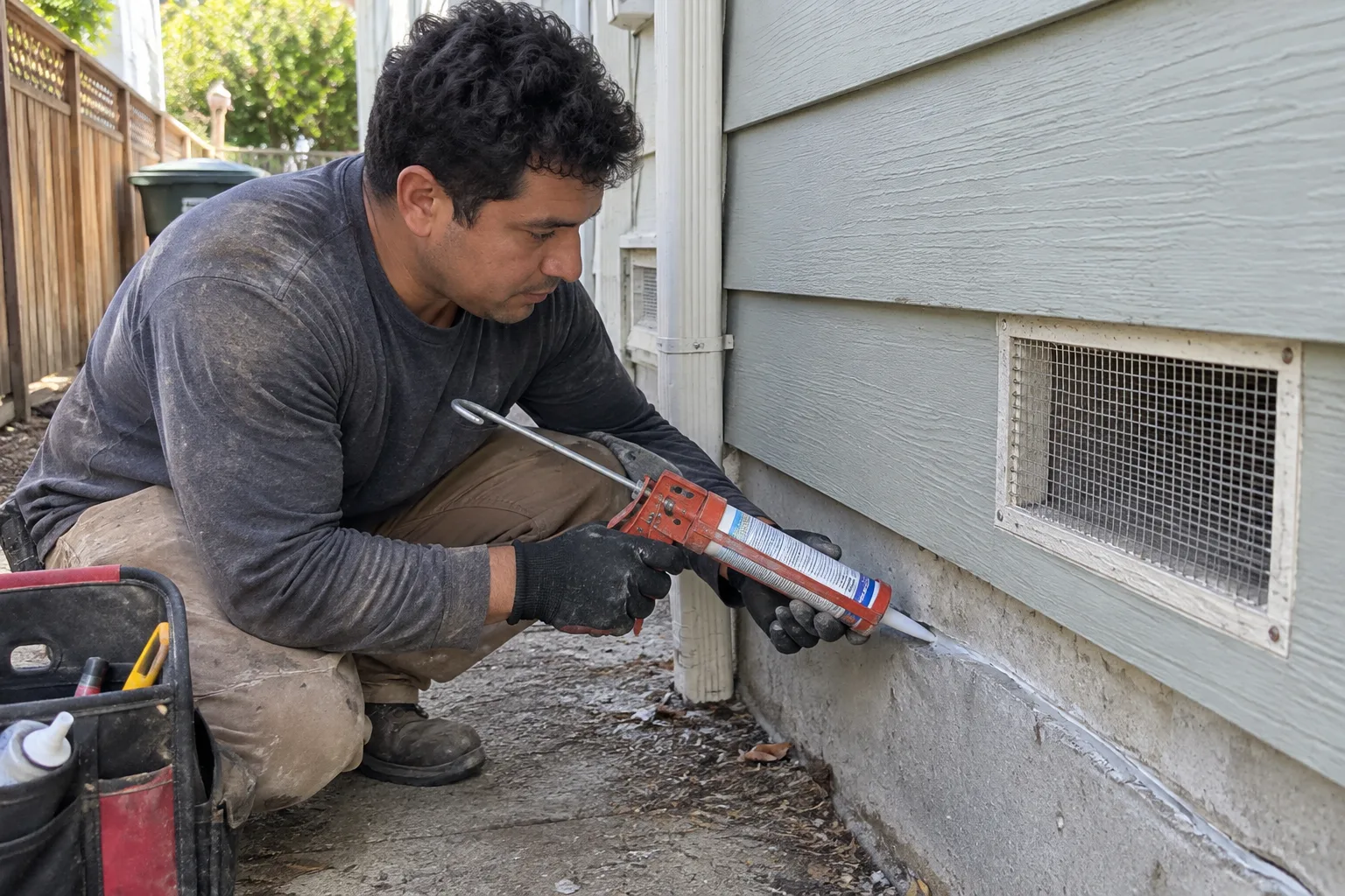 Applying caulk sealant around a wire mesh vent cover to close off a rodent entry point on a home's exterior wall.