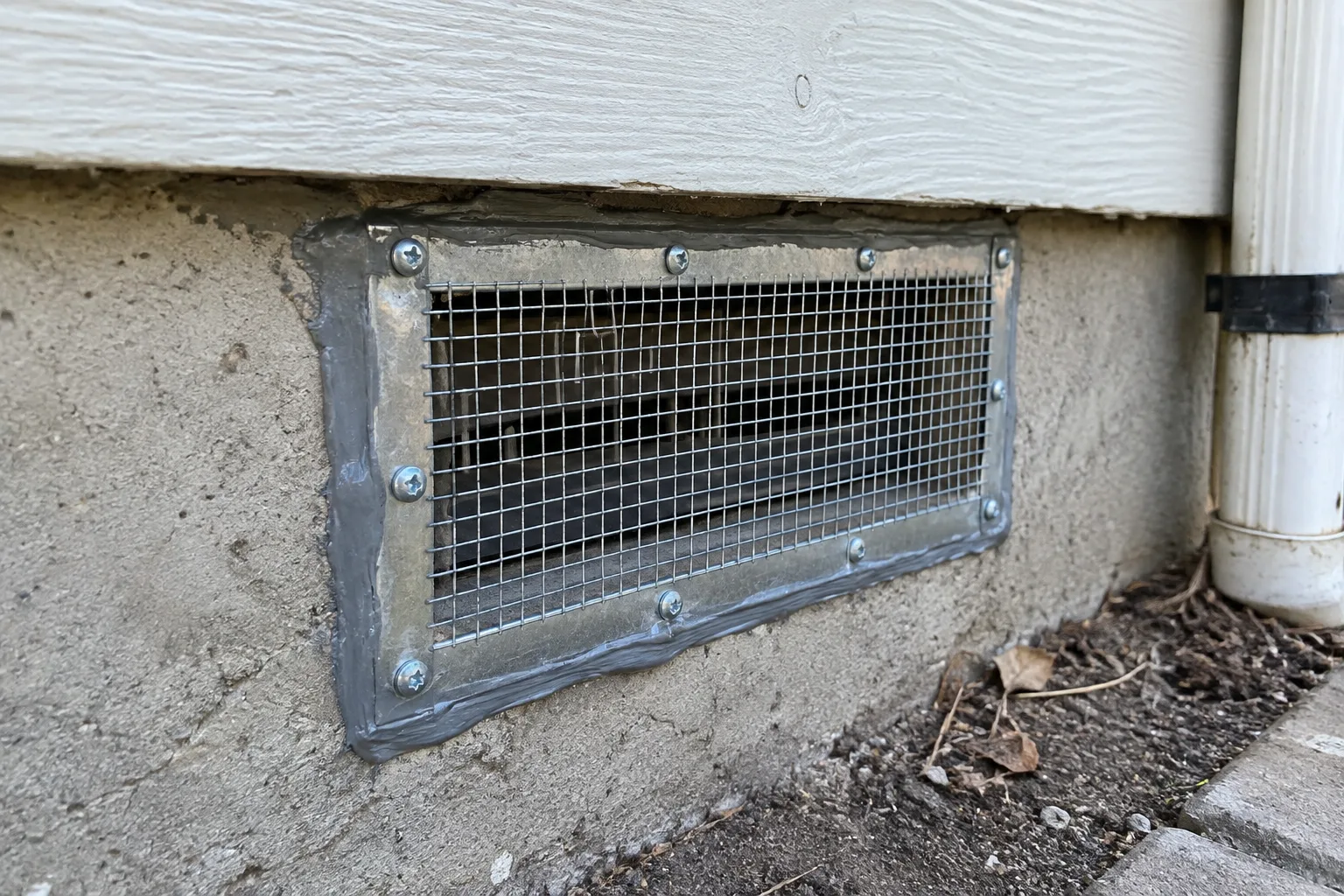 A completed wire mesh vent cover sealed with caulk around a foundation opening to prevent rodent entry.