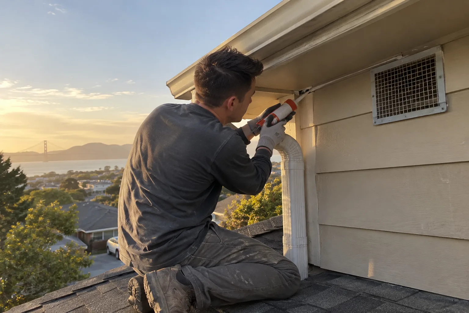 Applying sealant along a roofline gutter downspout and nearby vent to close off a potential rodent entry point, with the Golden Gate Bridge visible in the distance.
