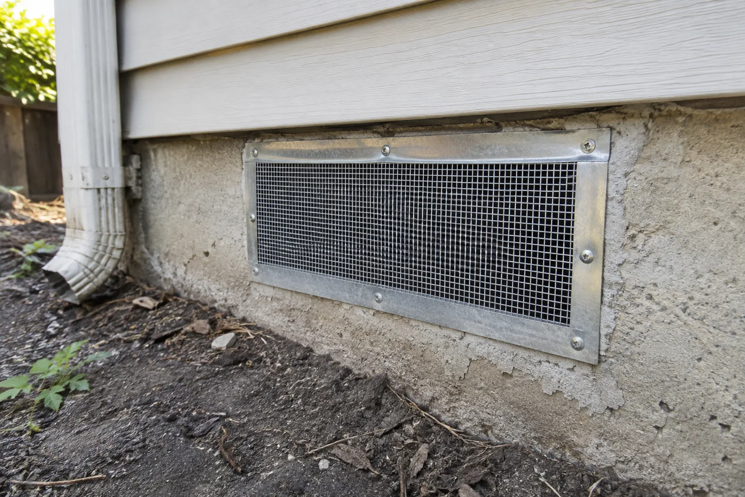 A finished wire mesh screen fastened and sealed over a foundation vent opening to keep rodents from re-entering.