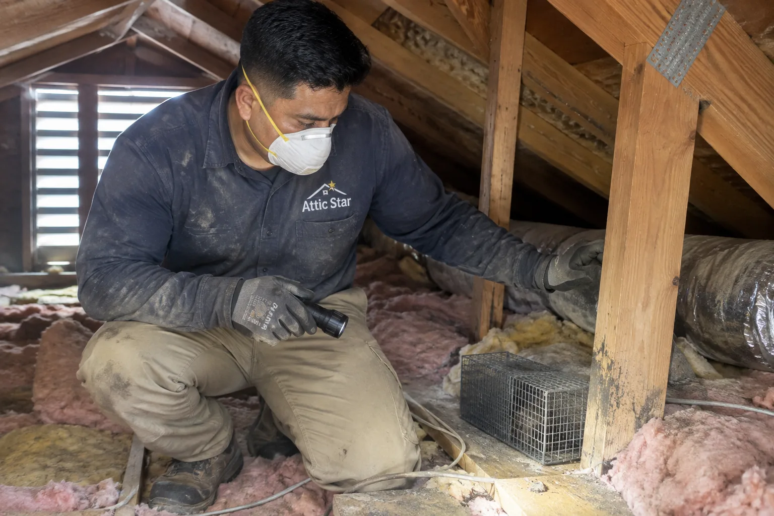 Setting a wire cage rodent trap near attic ductwork and insulation as part of a rodent inspection and removal service.
