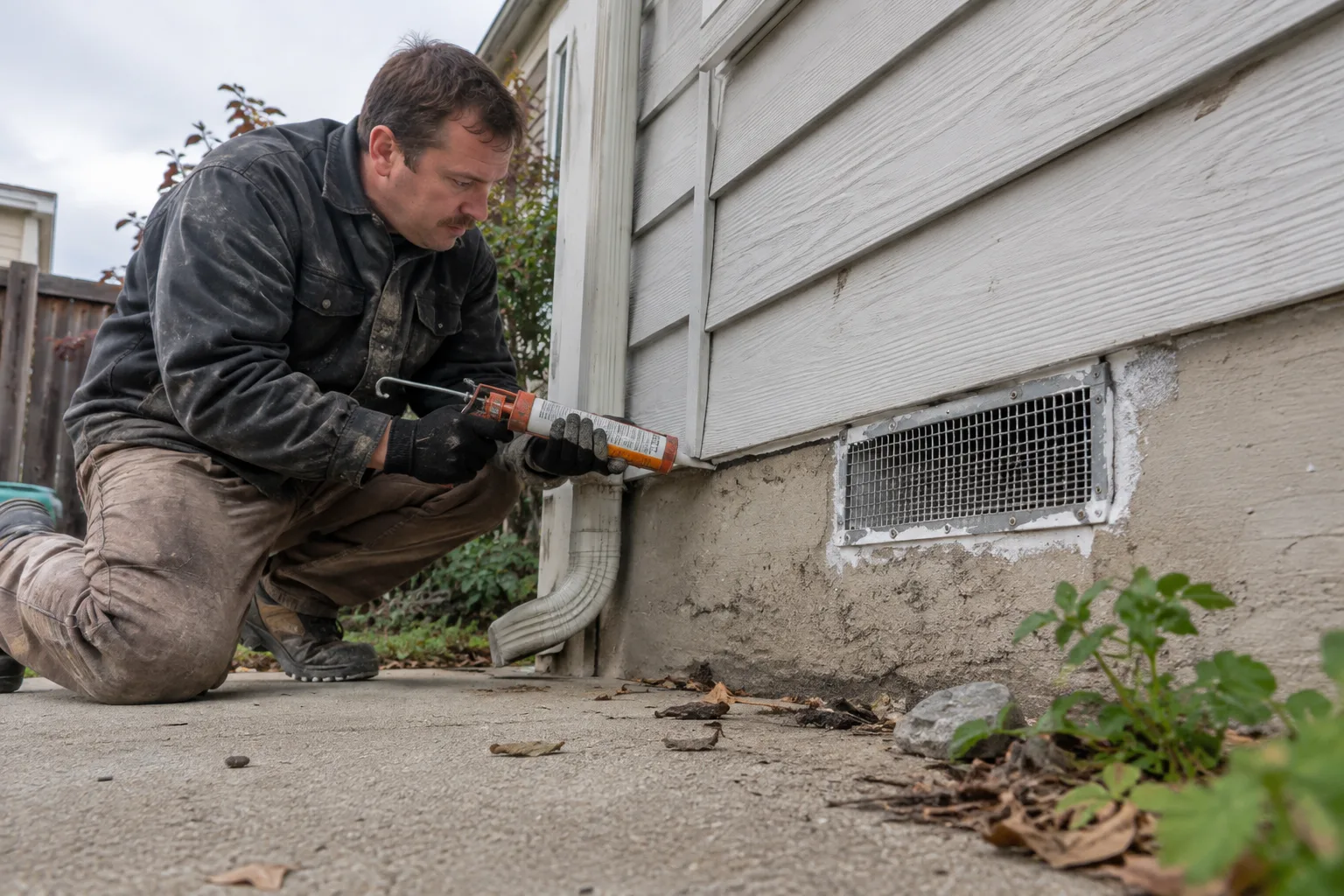 Applying sealant near a foundation vent and gutter downspout to close off a rodent entry point during a removal service.
