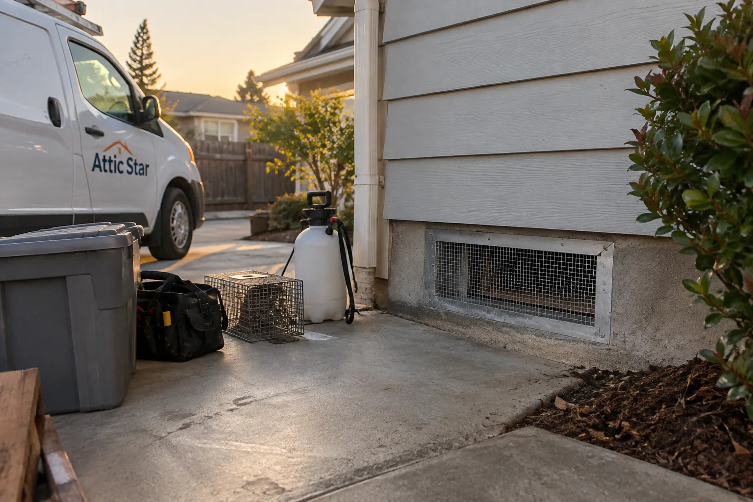 Rodent trapping and treatment equipment, including a wire cage trap, storage totes, and a sprayer, staged near a sealed foundation vent.