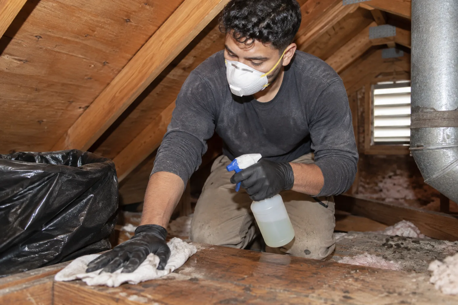 Sanitizing an attic surface with disinfectant spray and a cloth to clean up contamination after rodent removal.