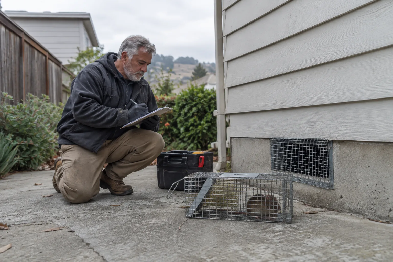 Documenting a captured rodent in a wire cage trap set near a home's foundation vent as part of a removal service.