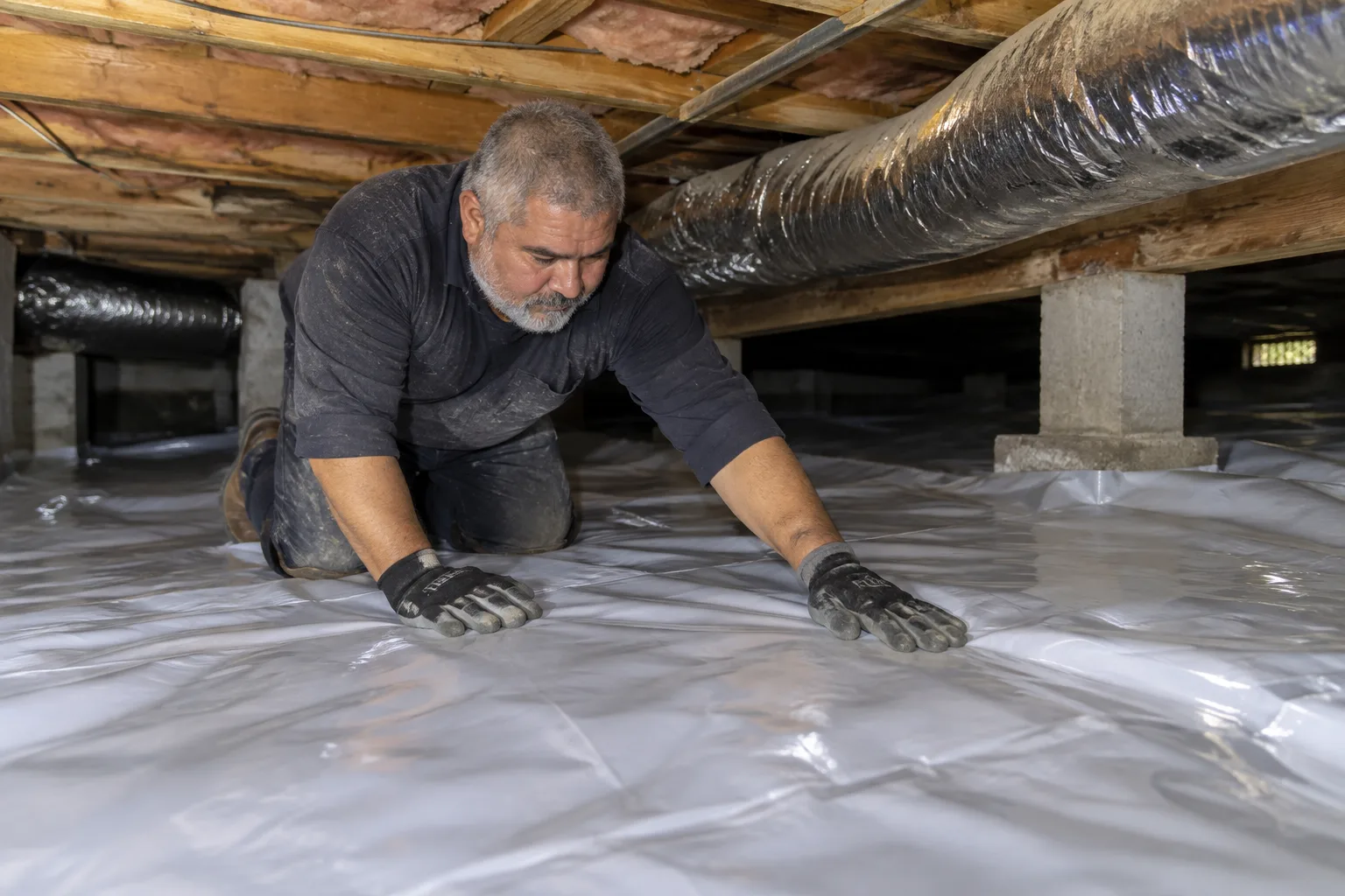 Laying and smoothing vapor barrier sheeting across a crawl space floor beneath insulated ductwork to prevent ground moisture intrusion.