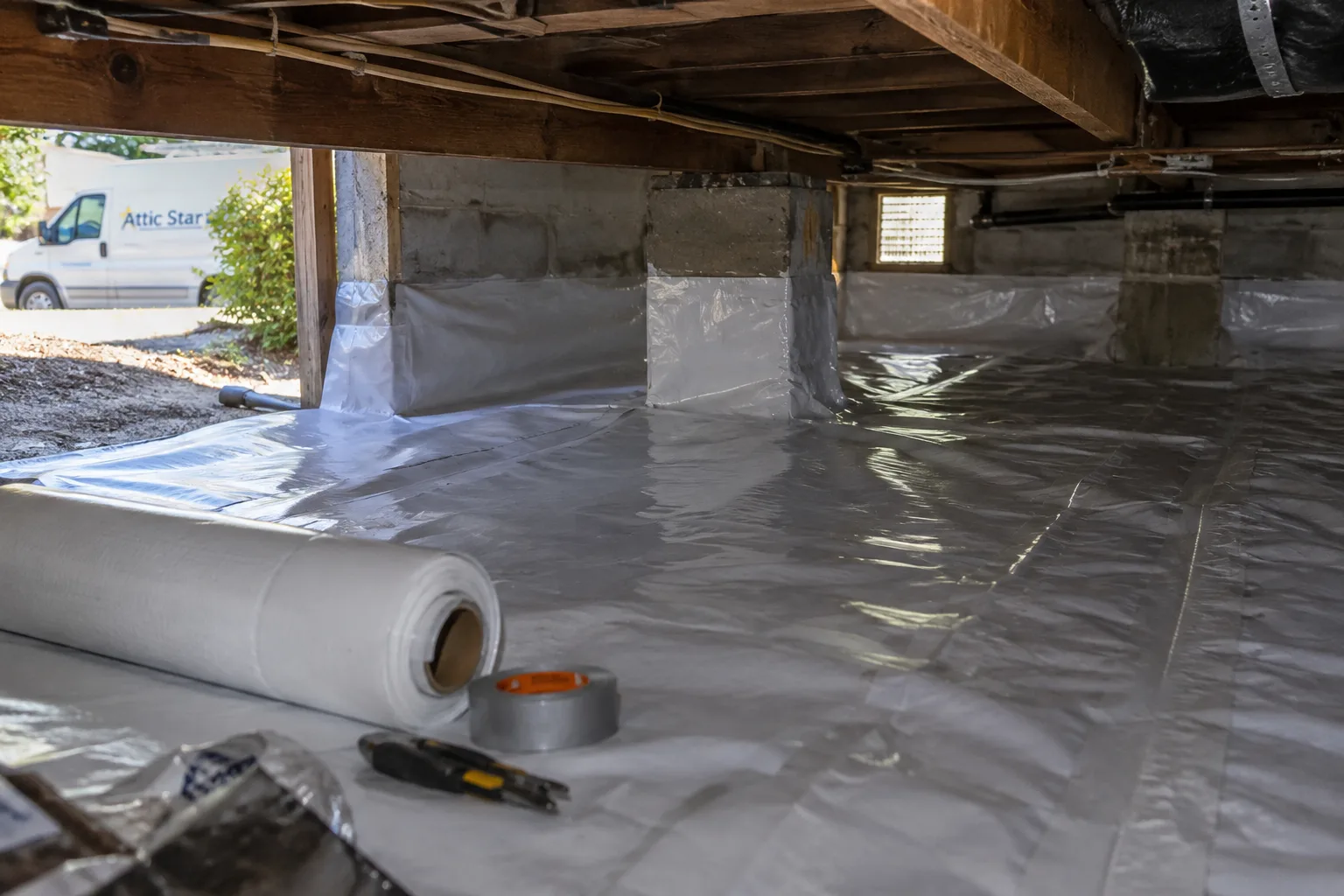 A roll of vapor barrier sheeting, tape, and a utility knife staged on a newly installed crawl space liner, with a service van visible outside.