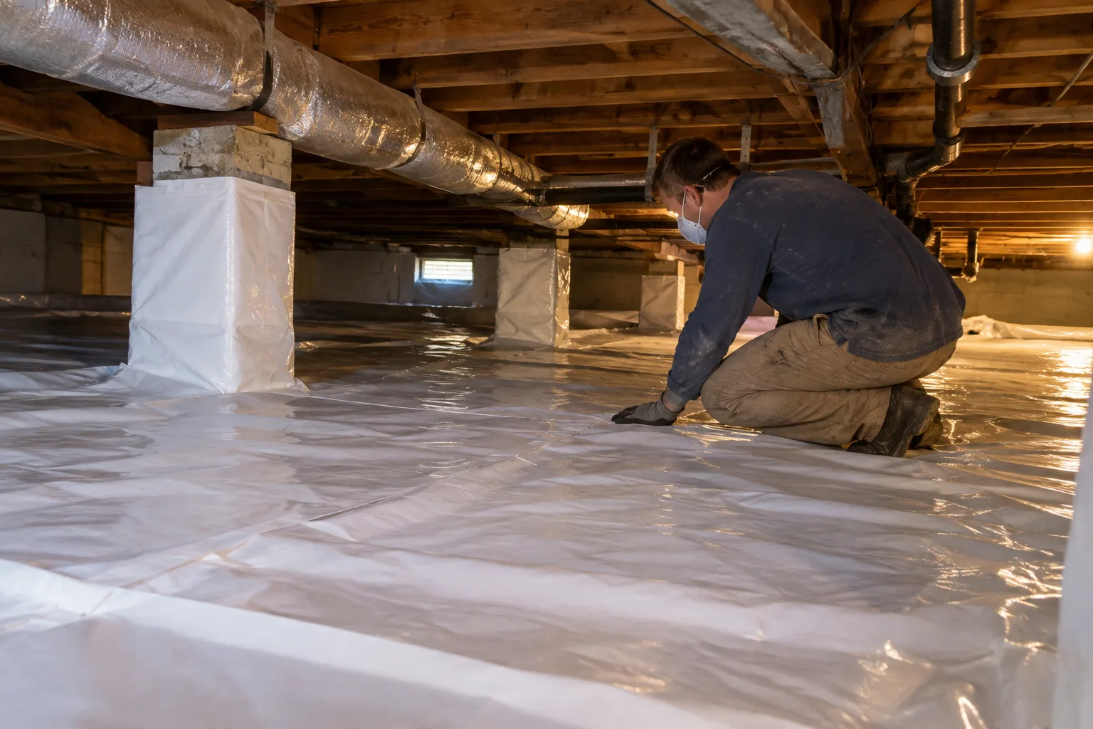Securing the edge of a vapor moisture barrier along a crawl space floor beneath insulated ductwork and wrapped support piers.
