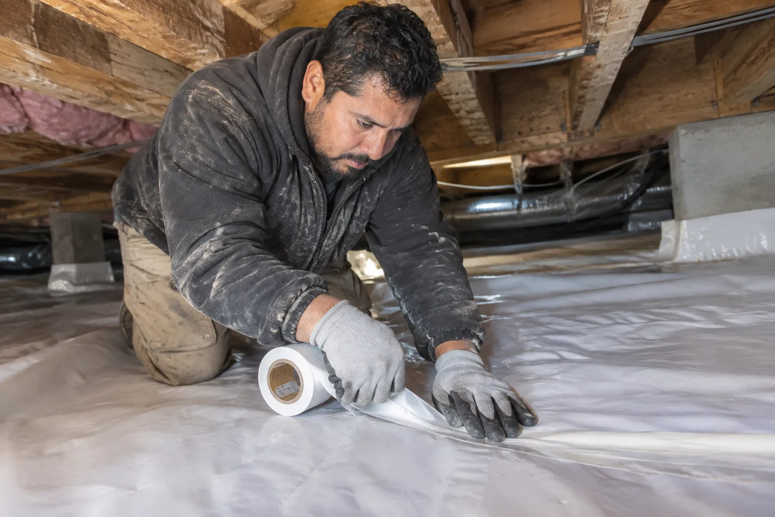 Taping a seam between sheets of vapor barrier material to create a continuous, moisture-proof seal across a crawl space floor.